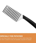 Healvian stainless steel crinkle French fry cutter, front view, black non-slip handle