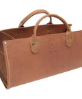 Side view of Heavy Duty Leather Tool Tote Bag With Double Ply Bottom And Steel Studs Stitched And Riveted Construction Reinforced Ends