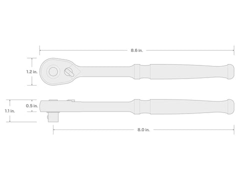 Diagram of Go To Three Eighths Inch Drive Quick Release Ratchet With Eight Inch Length And Ninety Tooth Gear dimensions.