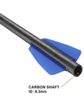 Close-up of Adder 7.5 Inch Carbon Crossbow Bolts With 2 Inch Vanes showing blue vane and carbon shaft