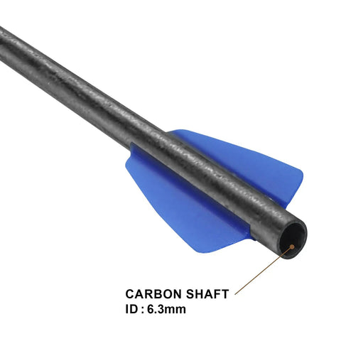 Close-up of Adder 7.5 Inch Carbon Crossbow Bolts With 2 Inch Vanes showing blue vane and carbon shaft