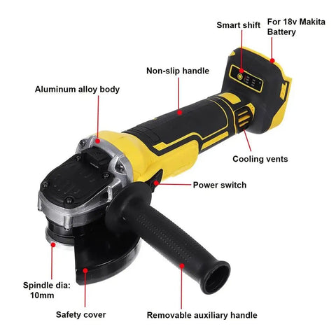 Heavy Hitter Brushless Cordless Angle Grinder With Variable Speed And 125 Mm Disc Cutting Action For Battery Powered DIY Projects and smooth metal grind work daily, showing non-slip handle and aluminum alloy body.