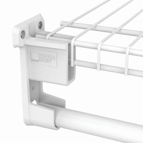 Slick SuperSlide Wire Shelving Support Bracket With Preloaded Wall Anchors For Straight Up Easy Mount On Three Quarter Inch Closet Rods White Finish showing close-up of bracket fitting.