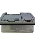 Gray Genuine OEM Detergent Dispenser Assembly for dishwashers, direct replacement for 00645208, side view of closed cover
