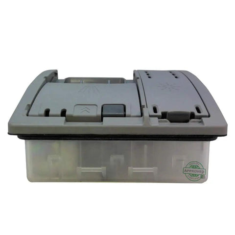 Gray Genuine OEM Detergent Dispenser Assembly for dishwashers, direct replacement for 00645208, side view of closed cover
