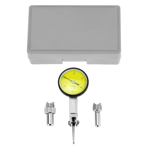 QWORK dial test indicator kit with yellow dial, two steel dovetail clamps, and gray plastic case (front view).