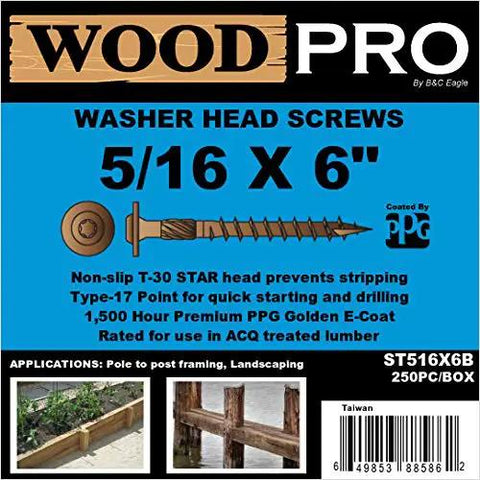 Exterior Wood Screws Five Sixteenth Inch By Six Inch Washer Head Golden E Coat 250 Pack With T30 Star Bit Torx Compatible ASTER Thread