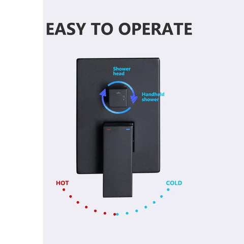 Matte Black Shower Faucet Set With 10 Inch Rain Shower Head control panel showing hot and cold settings, easy to operate