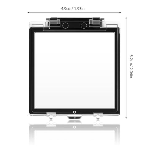 Front view of Power Button Guard 2 Pack Clear Plastic Push Safety Covers for Computer PC Dishwasher with measurements.