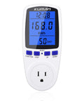Smart Watt Meter For Home Use, Plug In Power Monitor displaying energy usage and cost with blue digital screen.