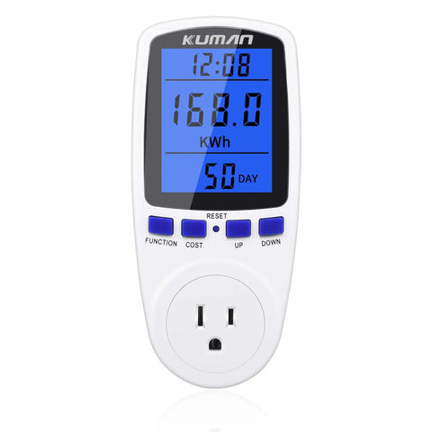 Smart Watt Meter For Home Use, Plug In Power Monitor displaying energy usage and cost with blue digital screen.