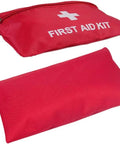 Two red first aid kit pouches; one zippered with FIRST AID KIT text and white cross.