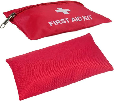 Two red first aid kit pouches; one zippered with FIRST AID KIT text and white cross.
