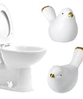 Two Packs Bird Shaped Toilet Bolt Covers Ceramic Screw Caps For Toilet Bolts Easy Install Cute Bathroom Decor White Replacement Parts For Bottom Of Toilets showing installation on toilet and individual covers close-up
