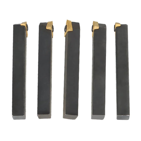 Five Piece One Quarter Inch Shank Indexable Lathe Tool Holder Set With Carbide Inserts for CNC lathes, showing vertical alignment.