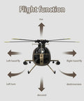 Front view of MD500 RC Helicopter Model C189 showing flight functions with 4CH single rotor, 1/28 scale, camouflage finish.