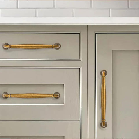 10 Pack Antique Brass Cabinet Pulls 3 Inch Center To Center Vintage Solid Hardware For Cupboards And Dressers installed on drawers