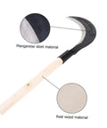Grass Scythe With Manganese Steel Blade And Long Handle For Easy Weeding And Lawn Care, highlighting material composition