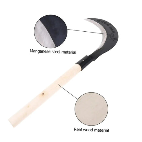 Grass Scythe With Manganese Steel Blade And Long Handle For Easy Weeding And Lawn Care, highlighting material composition