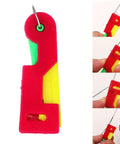 3Pcs Automatic Needle Threader Set For Hand Sewing Easy No Fuss Threading Device For Small Eye Needles Ideal For DIY Embroidery Cross Stitch Craft Projects Elderly Friendly Tailors And Hobbyists showing close-up of a red and yellow needle threading tool with needle insertion.