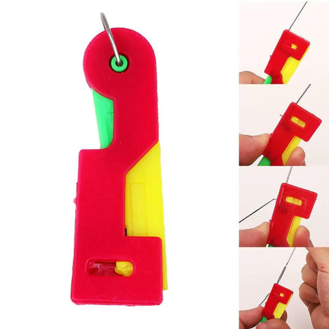 3Pcs Automatic Needle Threader Set For Hand Sewing Easy No Fuss Threading Device For Small Eye Needles Ideal For DIY Embroidery Cross Stitch Craft Projects Elderly Friendly Tailors And Hobbyists showing close-up of a red and yellow needle threading tool with needle insertion.