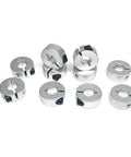 Open Aluminum Shaft Collar Clamp Set Screw For 8mm Linear Rod Guide, 10 Pack With Allen Key, shown in silver finish with set screws.