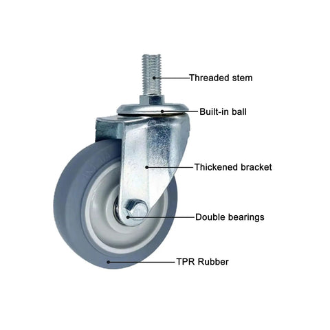 Heavy Duty Caster Wheels With Brakes, Swivel TPR Rubber Casters For Furniture, Workbenches, And Carts, 243 Lbs Load Per Wheel