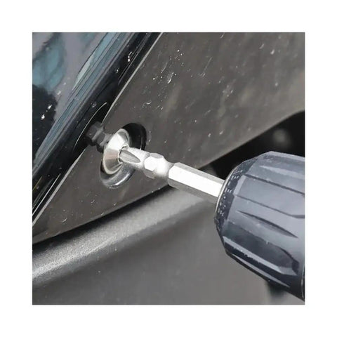 Close-up of Pro Grade Double Head Magnetic Screwdriver Bits in S2 Steel PH2 loosening a screw on a metal surface