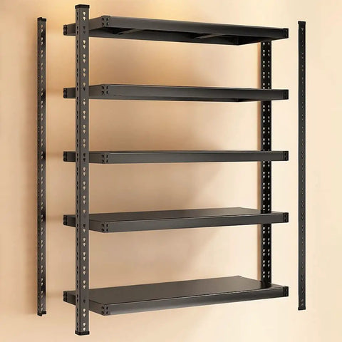 Heavy Duty 5 Tier Adjustable Metal Shelving Unit Featuring No Sweat Boltless Assembly And Built Like A Tank Strength For Heavy Garage Or Warehouse Storage on wall.