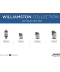 Williamston Collection One Light Outdoor Wall Lantern In Antique Pewter Finish, various sizes, weatherproof for porch lighting.