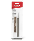 Front view of Oregon 27742 depth gauge tool with flat file for chainsaw chain; brass-tone gauge and gray file.
