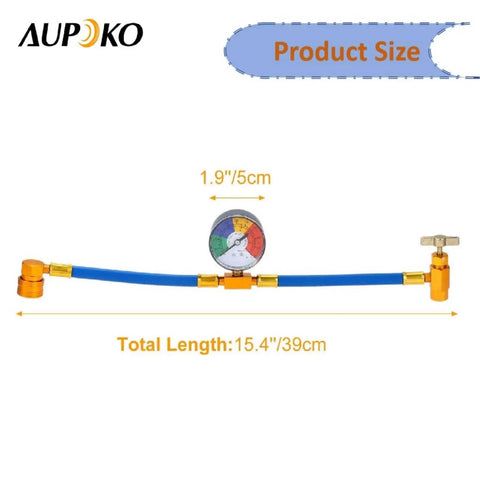 DIY Car AC Recharge Kit With Gauge And 1/2 Inch Self Sealing Valve Can shown with total length measurement