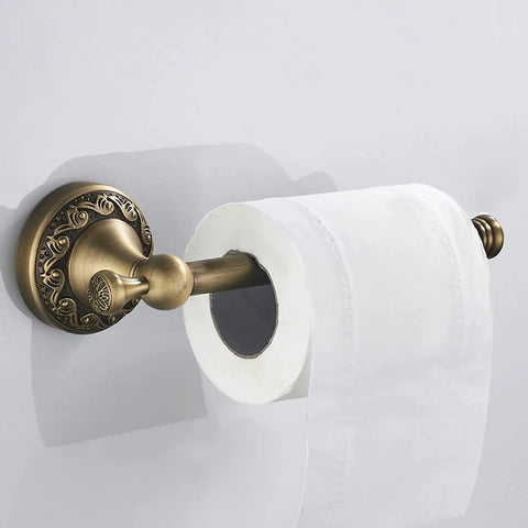 Antique Brass Bathroom Accessories 4 Piece Wave Pattern Wall Mount Set Toilet Paper Holder with intricate design