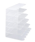 Clear Acrylic Desk Organizer With Five Compartments For Mail And Office Supplies, vertical design shown from side angle