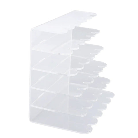 Clear Acrylic Desk Organizer With Five Compartments For Mail And Office Supplies, vertical design shown from side angle