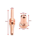 Top Tier Plasma Cutter Consumables Set Featuring 80 Or 160 Long Tip Electrodes And Precision Nozzles Made From Durable Metal For PT31 And LG40 Machines. Copper tips and nozzle with dimensions labeled.