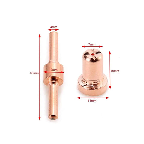 Top Tier Plasma Cutter Consumables Set Featuring 80 Or 160 Long Tip Electrodes And Precision Nozzles Made From Durable Metal For PT31 And LG40 Machines. Copper tips and nozzle with dimensions labeled.