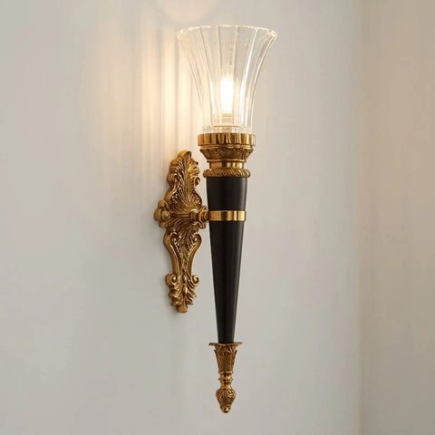 Top Grade Solid Copper Wall Sconce Light Fixture For Bedroom Hallway And Living Room Featuring Classic Antique Styling and Super Chill Ambiance to Straight Up Elevate Your Home Decor Vibe - Black and Gold Wall Light with Clear Glass Shade.