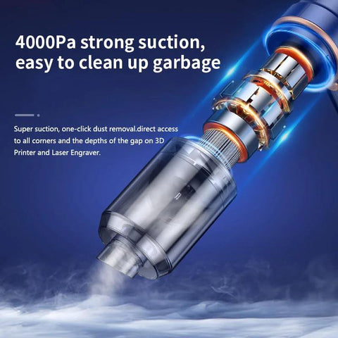 Skouphy multifunction handheld vacuum for 3D printers and laser engravers, transparent canister with chrome-blue accents
