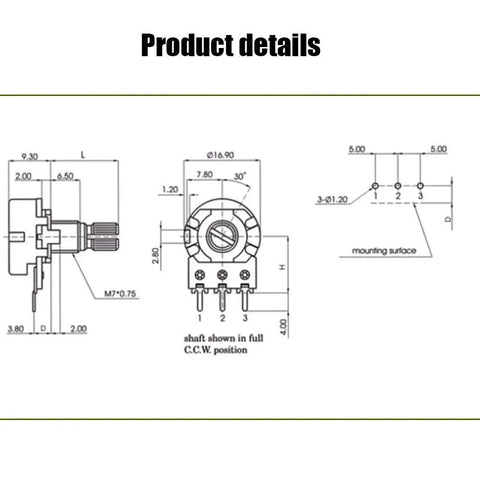Diagram of 10 Pack 10K Ohm Linear Taper Rotary Potentiometers For Panel Mount 3 Pin WH148 Type B10K with measurements.