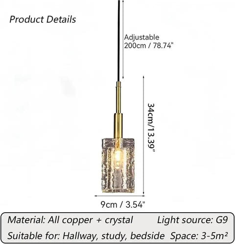 DHFIRUFSHLO Crystal Pendant Light Rectangular Ice Glass Shade Gold Copper Base Modern Hanging Lamp, 9cm x 34cm size, adjustable for hallway.