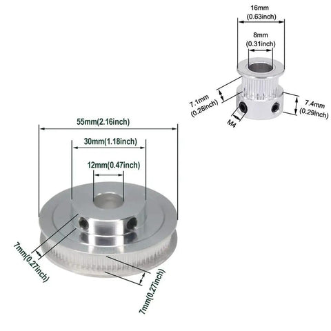 Two Piece GT2 Timing Pulley Set With 20 Tooth And 80 Tooth Aluminum 12mm Bore Synchronous Drive Pulleys Dimensions Diagram