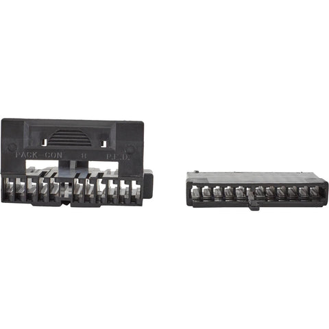 GM steering column harness connectors, black plastic, multi-pin, two-piece set (front and side views)