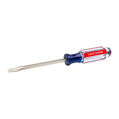 Slotted Screwdriver With Acetate Handle Three Sixteenth Inch By Four Inch Heat Treated Alloy Steel For High And Low Torque Tasks Satin Nickel Finish Built Tough For Pro And DIY Repairs shown horizontally with blue acetate handle.