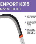 Heavy Duty Brush Clearing Sickle With 9 Inch Carbon Steel Blade And 14.5 Inch Aluminum Handle, shown with text detailing features.