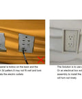 Two images showing a wall panel installation issue and solution with outlet frame on Geometric 3D PVC Wall Panels Matte White Pack of 12 Tiles Covering 32 Sq Ft, Each 19.7 Inch Square, Lightweight And Durable, Fire Resistant, Waterproof, Easy To Install, Paintable, Ideal For Modern DIY Accent Walls.