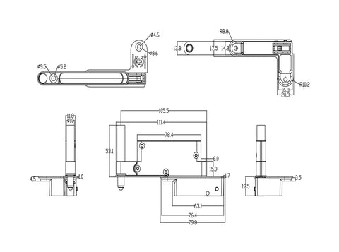 Technical drawing of adjustable hydraulic swing aluminum wardrobe concealed hinge, soft close, with dimensions