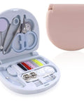 Two Pack Mini Travel Sewing Kit Set with threads, scissors, needles in a compact plastic case, open view showing contents.