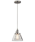 Avery 8.75 Inch One Light Bell Mini Pendant with Clear Seeded Glass in Brushed Nickel hanging from ceiling