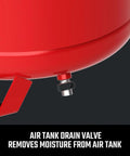Close-up of Air Tank Drain Valve on Heavy Duty 12 Gallon Air Compressor for moisture removal from tank.
